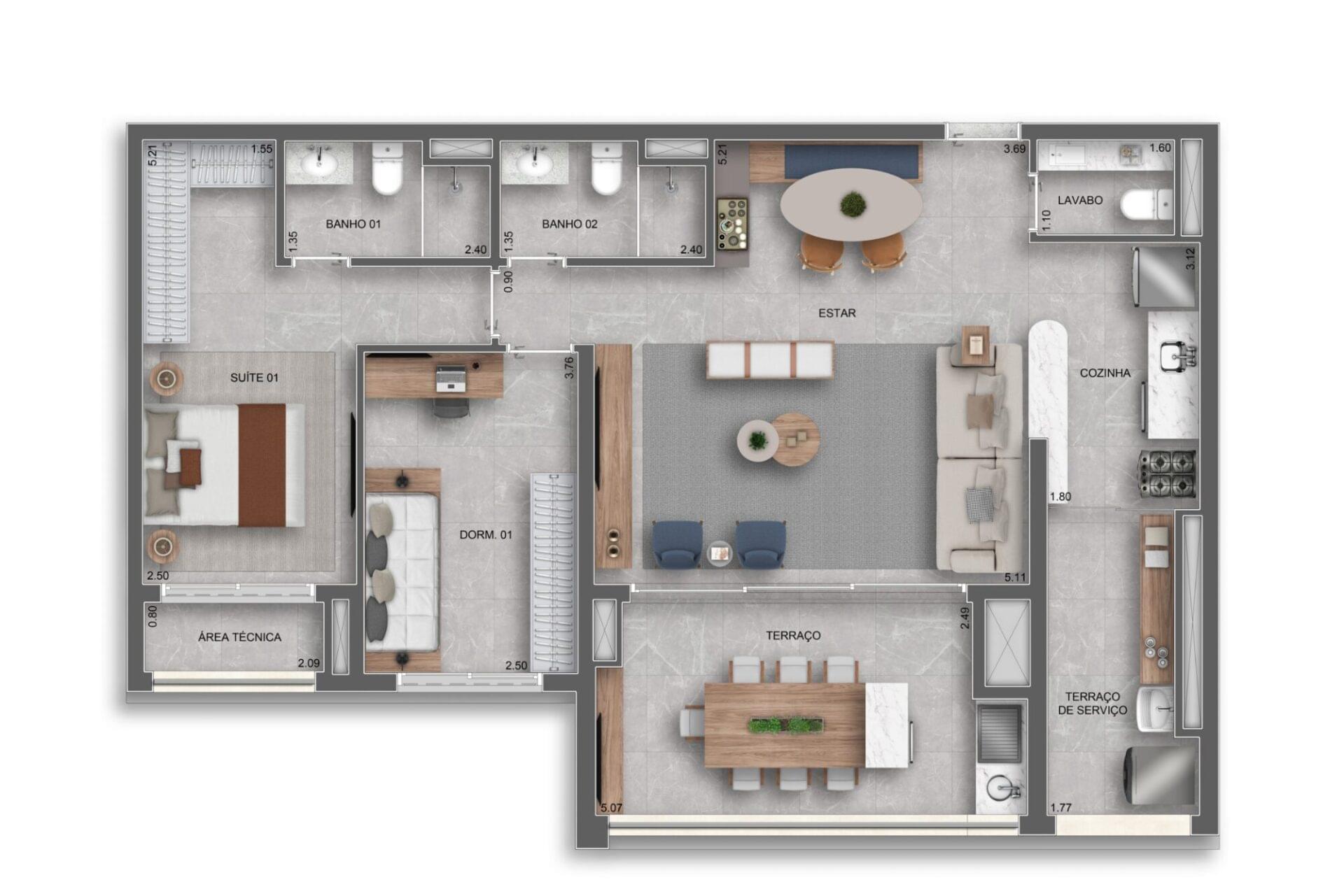 Planta 96m² — 2 dorms. (1 suíte) opção ampliada — Torre Residences - Auge Resort Tatuapé By Diálogo
