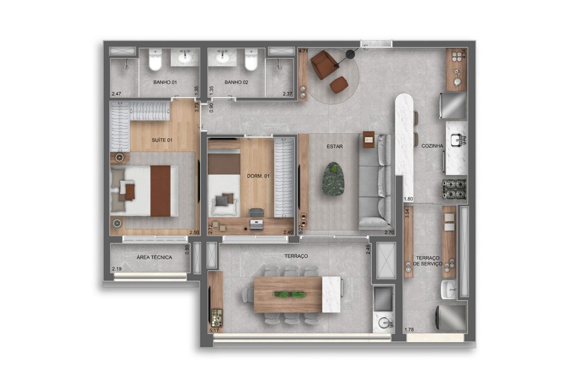 Planta 80m² — 2 dorms. (1 suíte) — Torre Residences - Auge Resort Tatuapé By Diálogo