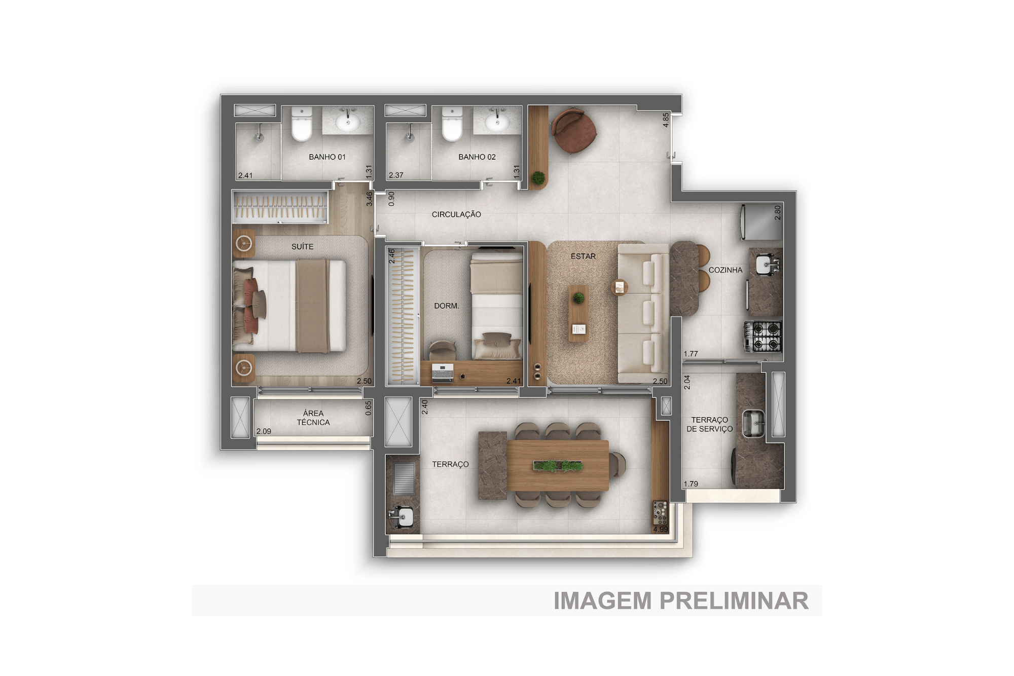 Planta 69m² — 2 dorms. (1 suíte) - GranDiálogo Parque da Mooca