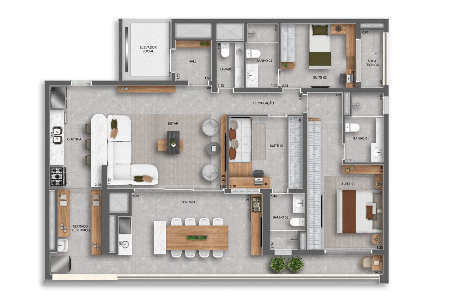 Planta 140m² — 3 suítes com lavabo — Torre Residences - Auge Resort Tatuapé By Diálogo