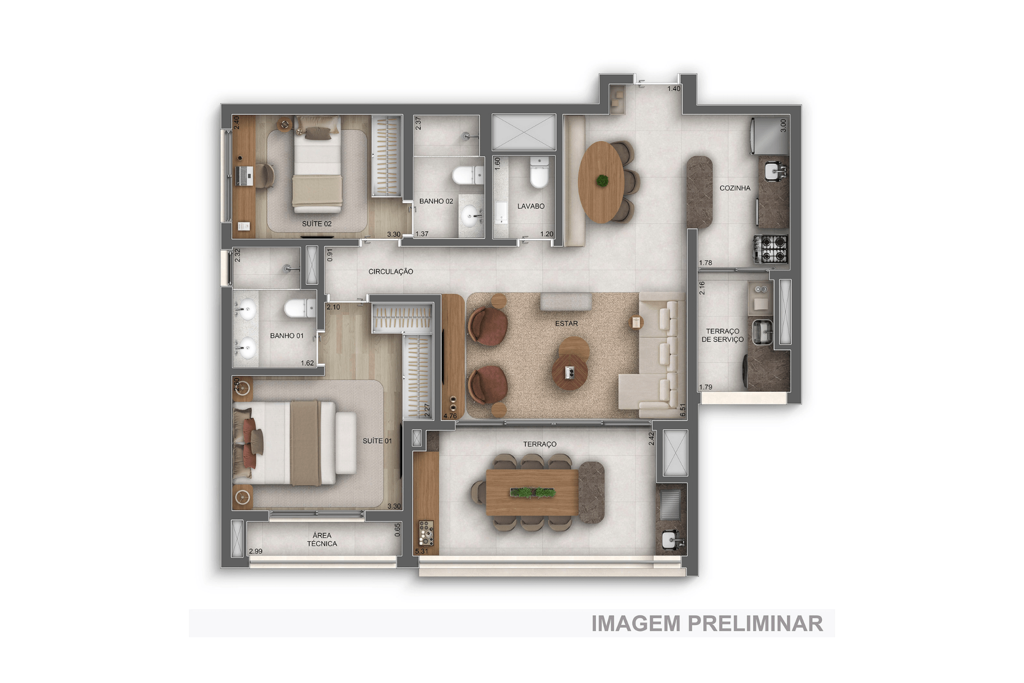 Planta 93m² — 2 suítes — Planta Ampliada - GranDiálogo Parque da Mooca