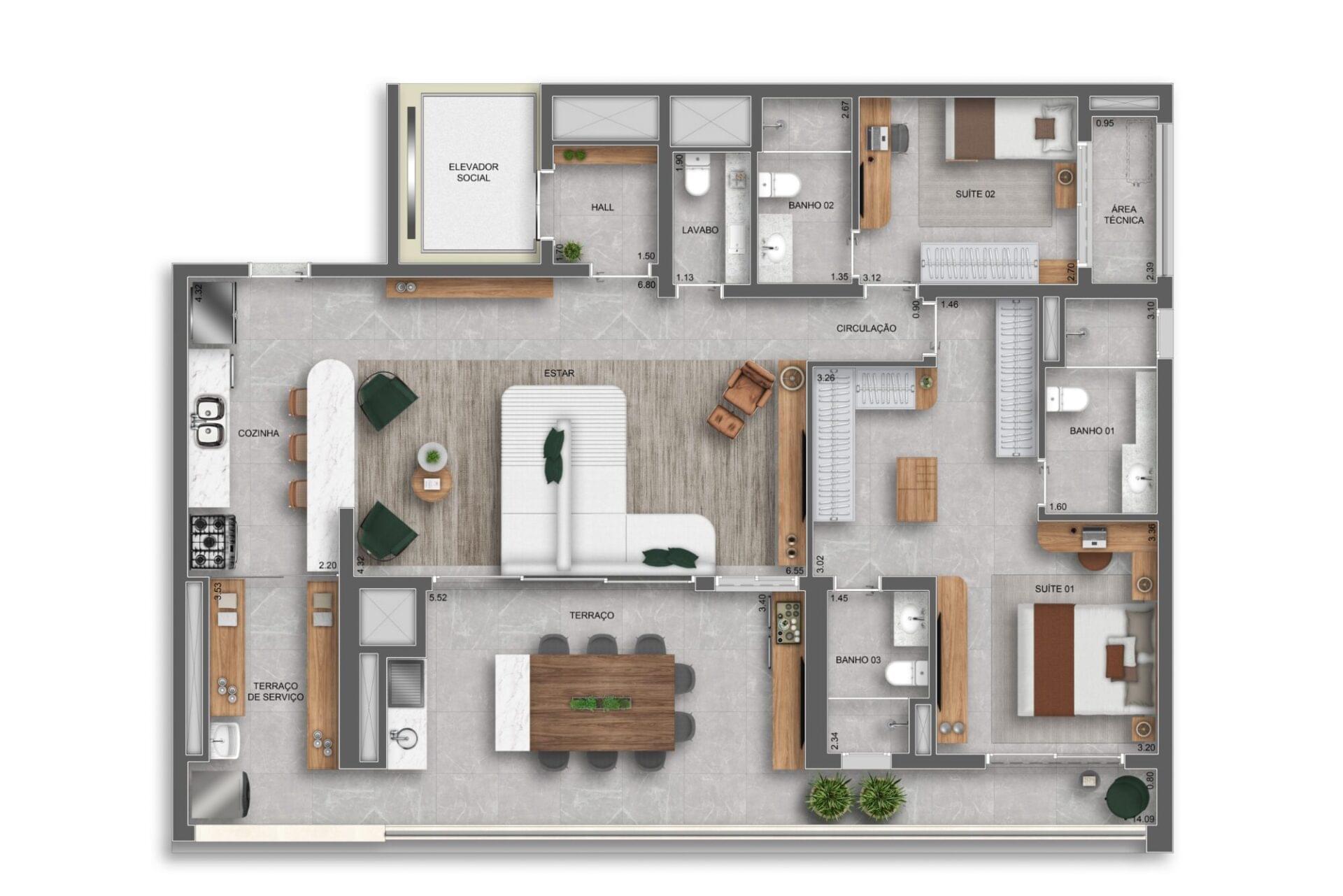 Planta 140m² — 2 suítes opção ampliada — Torre Residences - Auge Resort Tatuapé By Diálogo